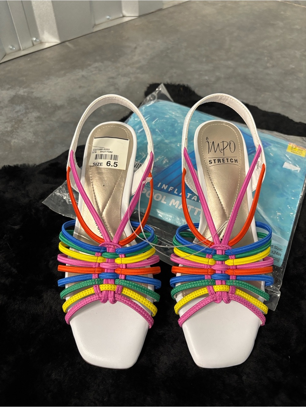NWT IMPO Evolet Stretch White Slingback Heel Sandals Elastic Rainbow Straps 6.5
